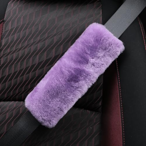 AOGELAN Fluffy Fuzzy Genuine Sheepskin Car Seat Belt Covers for Soft Auto Lambswool Seatbelt Pads, Shoulder Strap Cushion Adults Kids (2, Purple) - color: Purple