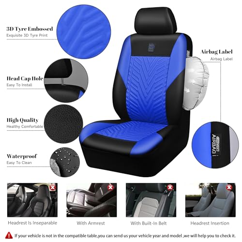 CAR PASS Deluxe Faux Leather Car Seat Covers 2 Front Seats Only, 3D Tyre Embossed Waterproof Front seat Covers, Airbag Compatible, Durable Universal Fit Seat Covers for SUV Truck Automotive (Blue) - color: Black and Blue