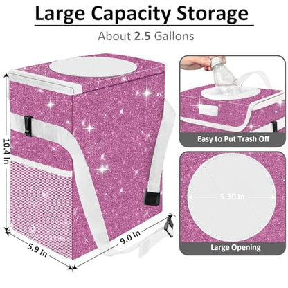 Cute Mini Car Trash Bag with Lid, Glitter Garbage Can Bin Hanging for Back/Front Seat/Console, Waterproof, Leakproof, 2.5 Gallon, Purple Bling Sparkly - color: Purple Bling Sparkly