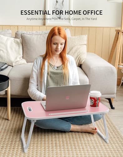 ZEAPTAC Laptop Bed Desk, Foldable Lap Desk, Portable Lap Table, Laptop Stand with Cup Holder & Tablet Slot & Lifting Handle for Working Writing Drawing & Eating - Pink - color: Pink