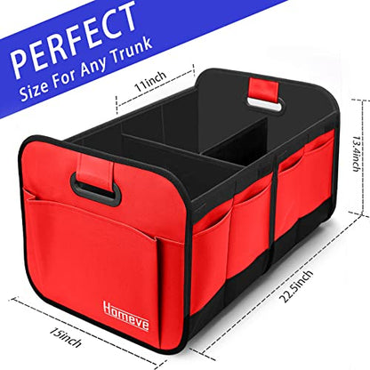 Homeve Trunk Organizer, Car Storage, Reinforced Handles, Collapsible Multi-Compartment, Foldable, Waterproof, Sturdy, 600D Oxford Polyester For Car, SUV, Mini-Van, Red, 2 Compart | Collapsible, Reinforced Handles, Foldable, Waterproof, Suitable for Any Ca