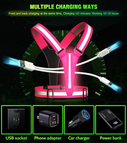 Led Light Up Running Vest Reflective Vest for runners night walking, Rechargeable Reflective Running Vest High Visibility - color: Pink