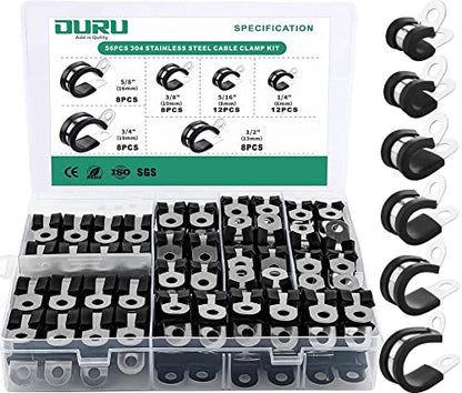 OURU 56PCS Cable Clamps Assortment Kit,6 Sizes—1/4" 5/16" 3/8" 1/2" 5/8" 3/4" Stainless Steel Rubber Coated Cushioned Insulated Cable Clamp,Automotive Cable Wire Clamps,Pipe Clamps,Metal Clamp - size: 56pcs - 1/4", 5/16", 3/8", 1/2", 5/8", 3/4"