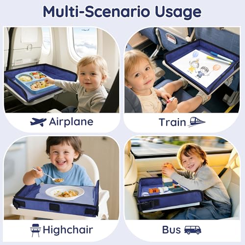 Kids Travel Tray Table Cover with Pockets, Airplane Tray Cover Kids, Toddler Airplane Travel Essentials for Plane or Train, Toddler Travel Essential Must-Haves and Flying Supplies (Blue) - color: Blue