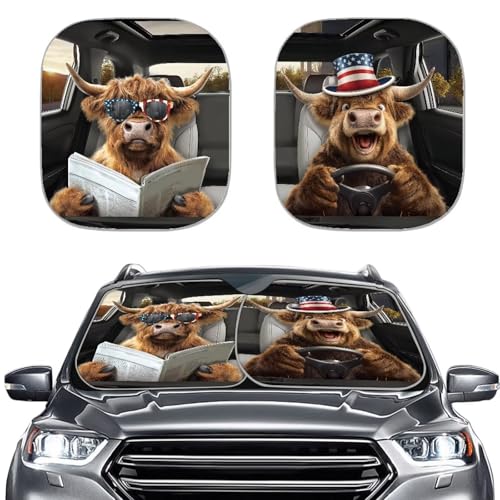 Windshield Sun Shade Sun Shield for Front Window Blocks UV Rays, Foldable Drive Highland Cow US Flag Sunshade Universal for Cars, Heat Reflector Keep Your Vehicle Cool, 2pcs - color: Drive Highland Cow US Flag