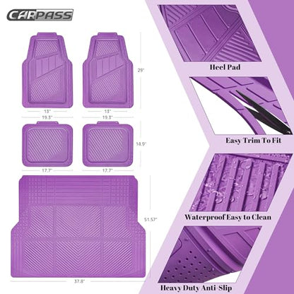 CAR PASS Heavy Duty Rubber Floor Mats Gray Car Mats Full Set with Trunk Cargo Liner - Universal Waterproof Floor Mats for Car SUV Truck, Durable All Weather Automotive Liner Mats (All Purple) - color: Purple Cargo Liner