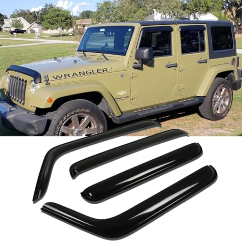 94249 Original Side Window Visor Deflector Rain Guard,Outside Mount Tape-on Shatterproof Dark Smoke,4pcs Window Shades fit for 2007-2018 Jeep Wrangler 4-Door (JK) - size: 2007-2018 Wrangler JK 4-Door Outside Mount