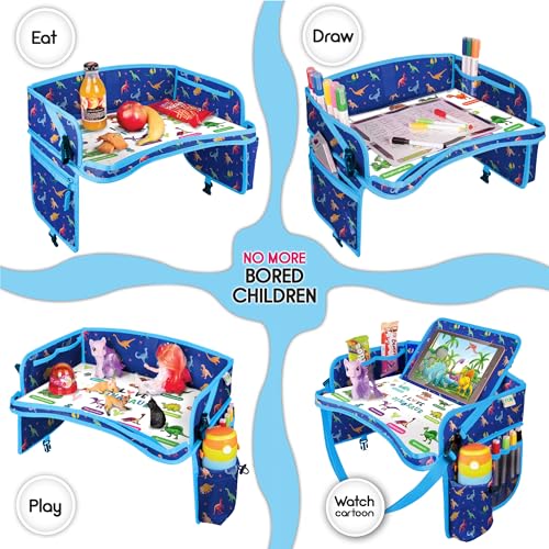 Kids Travel Tray - Waterproof Car Table with No-Drop Large Tablet Holder - Car Seat Tray - Road Trip Must Haves - Lap Desk Kids Organizer for Airplane - Toddler Travel Activities (Blue) - color: DINOSAUR