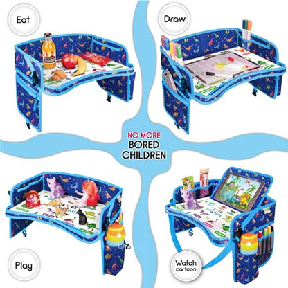 Kids Travel Tray - Waterproof Car Table with No-Drop Large Tablet Holder - Car Seat Tray - Road Trip Must Haves - Lap Desk Kids Organizer for Airplane - Toddler Travel Activities (Blue) - color: DINOSAUR