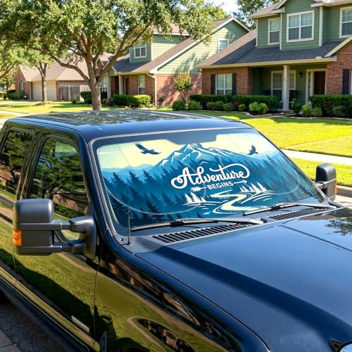 63"x28.5" Car Windshield Sun Shade with Storage Pouch, Stylish Printed Front Window Sunshade with Double Ring Frame, Universal Fit Foldable Heat Blocker & UV Protector for SUV, Sedan (Adventure-Peak) - color: Adventure-Peak