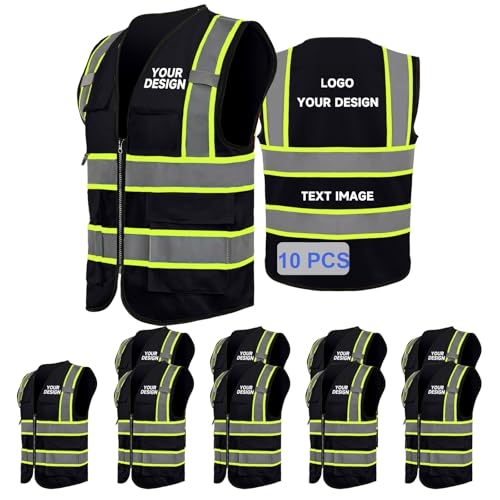 Custom Safety Vest with LOGO High Visibility Vest with 5 Pockets and Zipper Reflective ANSI/ISEA 107 Class 2 Type R - color: Black-10 Pieces, size: Large