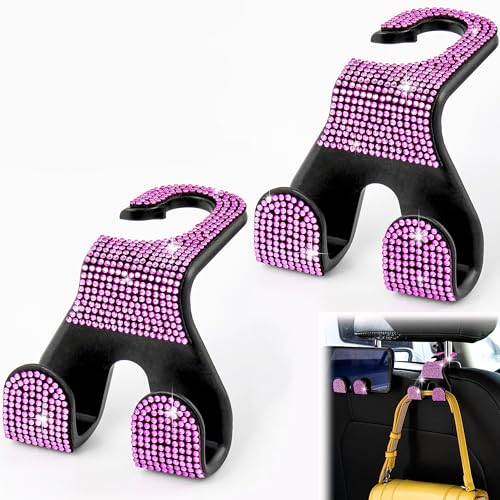 Bling Car Purse Hooks 2Pcs, Durable Car Headrest Hook, Holds 44Lbs, Double-Hooks, Wide-Opening, Rhinestone Automobile Purse Hangers Holder, Bling Car Accessories for Women, Pink - color: Bling Pink