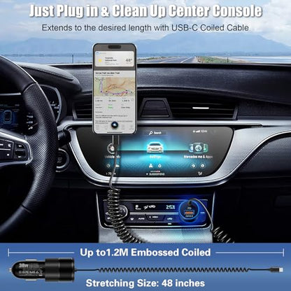USB C Car Charger, 38W Dual Ports USBC & USB-A Cigarette Lighter Adapter Fast Charging Phone Plug with Bulit-in 1.2m Coiled Cable for iPhone 17 Pro Max,16,16e,15, 14, 13, Galaxy S25, S24, Pixel 7 - color: 1-Pack Black