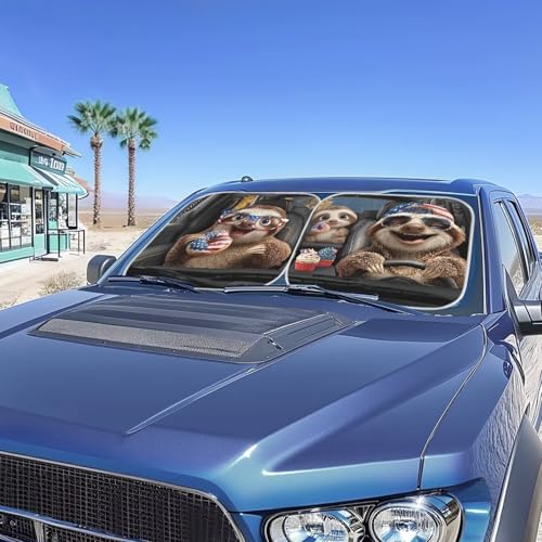 AFPANQZ America Flag Sloth Car Windshield Sun Shades Visor Car Front Window Sunshade Sun Protection UV Heat Reflector Women Men Vans Sun Visor SUV Truck 28.5"x25.5" - color: America Flag Sloth