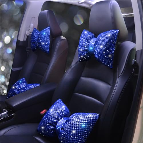 Automotive Headrest Cushion Colorful Bowknot Car Headrest Pillow Bling Bling Rhinestones and Crystal Support Black Bling Auto Accessories Driver Neck Support Blue 2Pcs - color: Blue