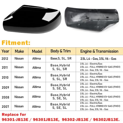 Moonlinks 1Pair Compatible with 2007 2008 2009 2010 2011 2012 Nissan Altima 2.5L Mirror Cover Replacement, Glossy Black Left Driver Side & Right Passenger Side Door Rearview Side Clip-on Mirror Cap - color: Pair Black