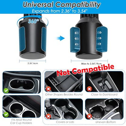 Biupky Car Cup Holder Expander, 4-in-1 Universal Cup Holder Tray Compatible with 2.6" to 3.94", Multi Cup Holders Table with Large Food Tray Phone Mount, for Travel Auto Trucker Road Trip Essentials