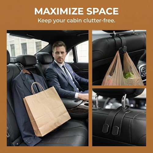 Car Headrest Hooks-4 Pack Heavy Duty Seat Hooks for Car Organizing, Universal Hanging Hooks for Purses Handbags Grocery Bags Coats, No-Slip Durable Car Accessories