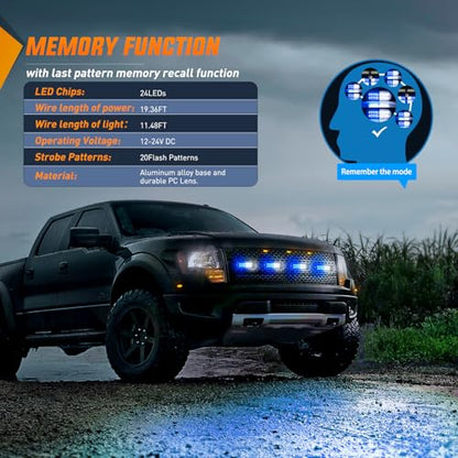 Nilight 4PCS LED Strobe lights 12V 24V Sync Feature Blue White 24LED Emergency Hazard Warning Lights with Controller Hard Wire or Cigarette Lighter Plug for Car Truck RVs Campers - color: Blue White w/Controller