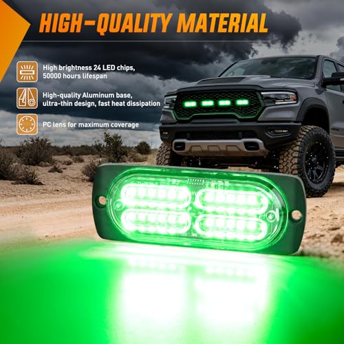 Nilight 4PCS 24LED Emergency Strobe lights 12V 24V Green Surface Mount Grille Hazard Safety Warning Light Sync Feature Side Flashing Marker Flash for Car Truck Campers - color: Green