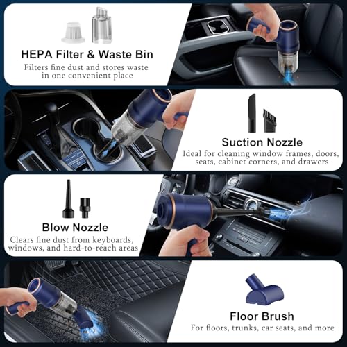 KMM Handheld Car Vacuum Cleaner, 9000Pa Vacuum Cleaner and Air Duster, 120W High Power Hand Held Vacuum with LED Light and Multi-Nozzles for Car, Home, Office, Pet - color: Blue