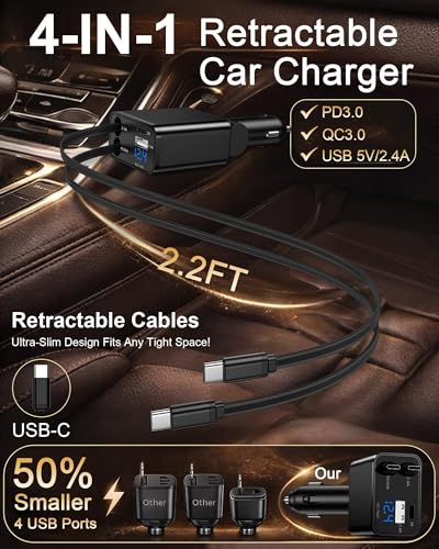 Retractable Car Phone Charger for Samsung S26 S25 Android, 4 in 1 Fast USB C Car Charging Adapter with 2 Flexible USB C Cable, USBC Cigarette Lighter Gift for Men Car Gadgets Electronics Accessories - color: Reatractable Car Charger-Black