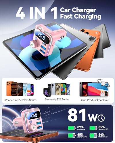 JOYROOM Bluetooth 6.0 Car Adapter FM Transmitter 81W Fast Charging Cigarette Lighter Hands-Free Calling Support USB Drive, Pink - color: Pink