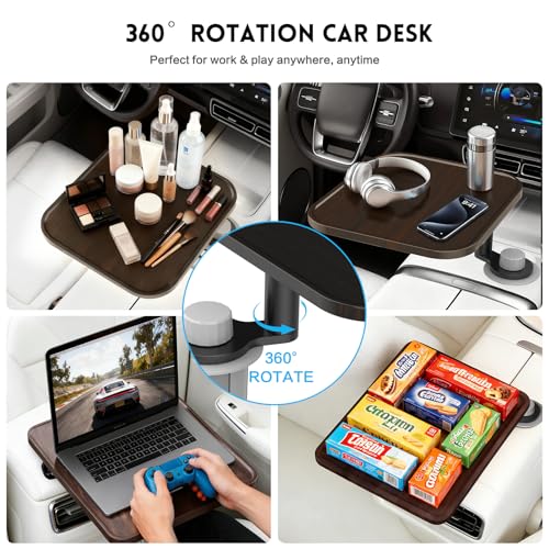 360° Rotation Car Desk for Laptop, Height-Adjustable Cup Holder Table, Wooden Car Food Tray & Laptop Mount Compatible with Tesla Model Y/3/S, Ford F150/Explorer/Maverick & Most Vehicles (Dark Walnut) - color: Dark Walnut