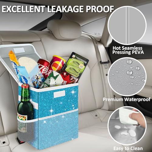 Car Trash Can for Car, Cute Mini Car Trash Bag with Lid, Glitter Car Garbage Can Bin Hanging for Back/Front Seat/Console, Waterproof, Leakproof, 2.5 Gallon, Blue Bling Sparkly - color: Blue Bling Sparkly