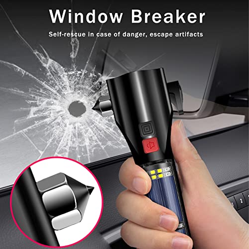 MOTORBUDDY All-in-1 Car Safety Hammer, Multi-Function Emergency Escape Hammer with Window Breaker and Seatbelt Cutter, Mobile Power, LED Flashlight, Alarm Rescue, Strobe SOS Beacon - color: Metallic