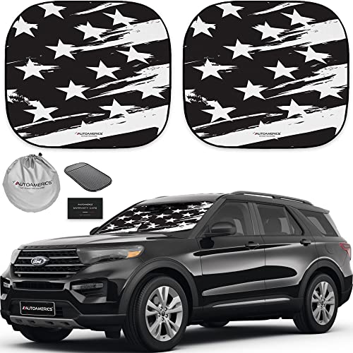 Autoamerics 2-Piece Windshield Sun Shade - B&W USA Flag Foldable Car Front Window Sunshade for Most Cars SUV Truck Heat Blocker Visor Protector Blocks Max UV Rays and Keeps Your Vehicle Cool - Medium - color: B&W USA ART FLAG, size: STANDARD (MEDIUM)