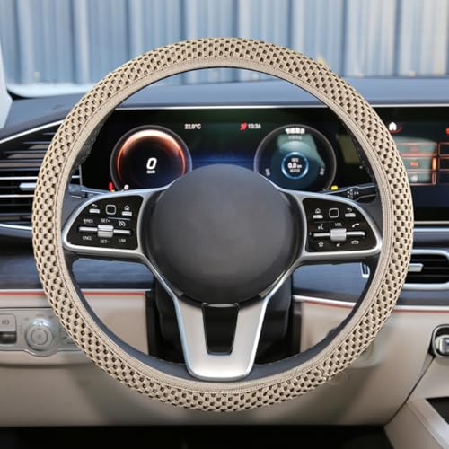 Elastic Stretch Steering Wheel Cover, Anti-Slip 15 inch Microfiber Odorless Breathable Ice Silk Car Steering Wheel Protector, Easy Carry, Warm in Winter & Cool in Summer (Beige) - color: Beige