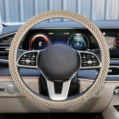 Elastic Stretch Steering Wheel Cover, Anti-Slip 15 inch Microfiber Odorless Breathable Ice Silk Car Steering Wheel Protector, Easy Carry, Warm in Winter & Cool in Summer (Beige) - color: Beige