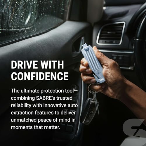 Sabre Safe Escape™ 3-in-1 Car Escape Tool for Car Safety with Spring-Loaded Window Breaker, No Swing Required, Seat Belt Cutter, LED Flashlight, Compact Auto Safety Tool for Emergencies - color: Chambray Blue