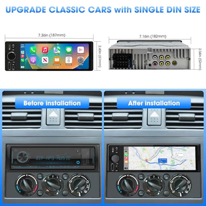 Single Din CarPlay Stereo: Android Auto Touchscreen Car Radio for Classic Vehicles - 6.5 Inch IPS Display GPS Navigation Voice Control Bluetooth AM FM Type-C Charge USB AUX
