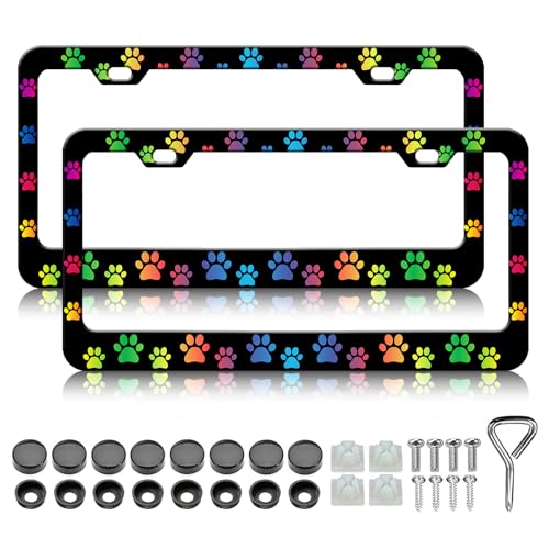 HCSS Colorful Paw Print License Plate Frames - 2 Pack Cute Dog Paw Print License Plate Holder, Stainless Steel Rust-Proof Waterproof Car Decorative Tag Frame for Standard US 12x6 Inch - color: Colorful Paw Print