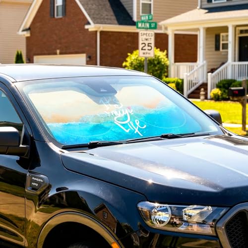 63"x28.5" Car Windshield Sun Shade with Storage Pouch, Stylish Printed Front Window Sunshade with Double Ring Frame, Universal Fit Foldable Heat Blocker & UV Protector for SUV, Sedan (Beach) - color: Beach