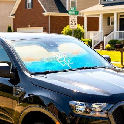 63"x28.5" Car Windshield Sun Shade with Storage Pouch, Stylish Printed Front Window Sunshade with Double Ring Frame, Universal Fit Foldable Heat Blocker & UV Protector for SUV, Sedan (Beach) - color: Beach
