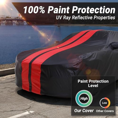 iCarCover Premium Heavy Duty Car Cover - Waterproof All Weather Rain Snow UV Protection, 3-Series, M3, Mustang, Genesis Coupe, G35 G37 Coupe, 3000GT, Size C13 (See Size Chart), Stripe - Black/Red - color: Sedan & Coupe - Black/Red, size: C13 for Sedan & C