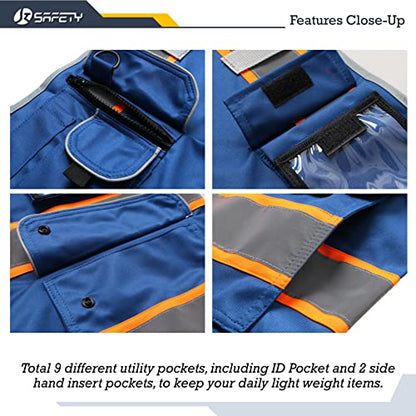 JKSafety 9 Pockets High Visibility Zipper Front Safety Vest | Blue with Dual Tone High Reflective Strips | Meets ANSI/ISEA Standards (901-Blue, Medium) - color: Blue Orange Strips, size: Medium