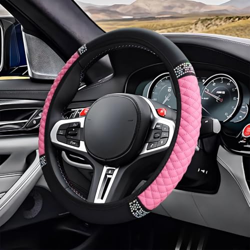 ZIMISI Bling Soft Leather Steering Wheel Cover, 15" Anti-Slip Sparkly Crystal Auto Elastic Steering Wheel Protector for Women Girl, Colorful Diamond Car Interior Accessory for Most Cars (Pink) - color: Pink