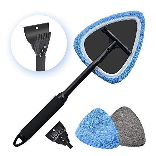 Car Window Glass Cleaner Wand Windshield Interior Cleaning Tool with Detachable Ice Scraper for Car Auto SUV Truck, 2 Coral Fleece Bonnets - color: Blue+Grey