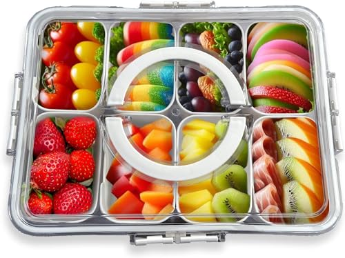 HRXFOZ Divided Serving Tray with Lid and Handle,8 Compartments Snacks Box,Snack Fruit and Veggie Tray,Portable Platter for Candy Fruits Nuts Snack Party Entertaining Picnic (1 PCS) - color: Serving Tray
