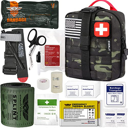 EVERLIT Emergency Trauma Kit, CAT GEN-7 Tourniquet 36" Splint, Military Combat Tactical IFAK for First Aid Response, Critical Wounds, Severe Bleeding Control (Black Camo) - color: Black Camo