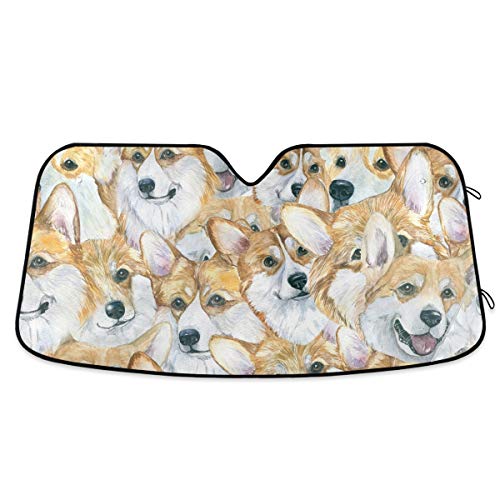 Watercolor Corgi Dog Pattern Car Windshield Sun Shade Block UV Rays Sun Visor Protector Accordion Folding Sunshade Keep Vehicle Cool&Damage Free, Easy to Use, Fits Windshields of Various Sizes - color: Multicolor-corgi dog pattern