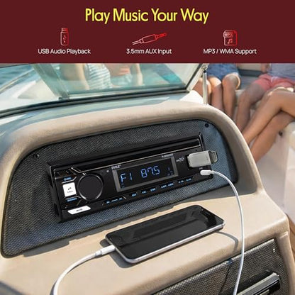 Pyle Marine Radio Stereo Receiver with Bluetooth MP3 Player - Single DIN Boat Audio System, AM/FM Tuner, USB/AUX Input, 30 Preset Stations, Hands-Free Calling, 350 W Power for Marine and Boat Use - size: 350w