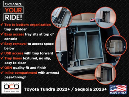 Vehicle OCD - Center Console Organizer Tray for Toyota Tundra (2022-2026) / Sequoia (2023-2026) – Made in USA - NOT compatible with center console safe - SLX184 - size: 2022-2026, style: Tray