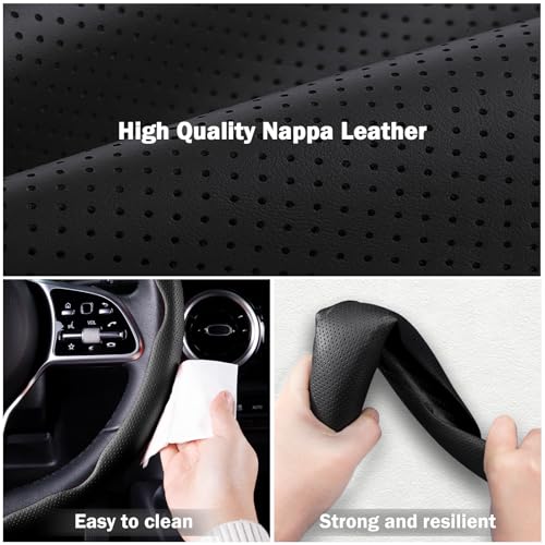 Nappa Leather Car Steering Wheel Cover for Men Women, Ultra-Thin Non-Slip Breathable Microfibre, Universal for 14.5"-15" Steering Wheel - Black - color: Black