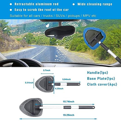 Ziciner Car Windshield Cleaner, Microfiber Auto Cleaning Wiper with Aluminum Extendable Handle and 2 Washable Reusable Cloth Pad Head, Universal Vehicle Interior Exterior Cleaner Kit (Blue-Triangle) - size: Blue-triangle