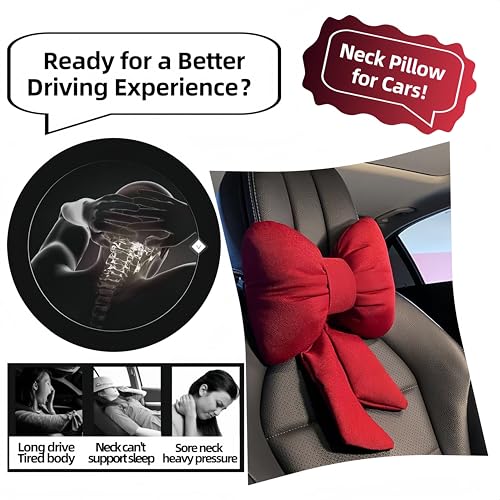 Car Seat Neck Pillow Elegant Bow Car Headrest Pillow Set - Cotton Linen Neck Cushion Universal Fit for Women Comes with 2 Seat Belt Covers (Red Set 4Pcs) - color: Red Set 4pcs